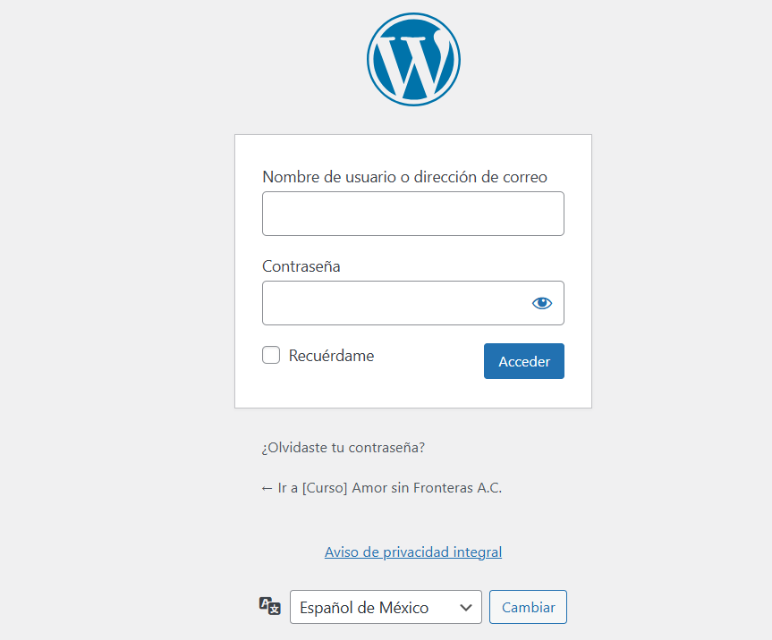 Página de inicio de sesión de WordPress donde se solicita el "Nombre de usuario o dirección de correo" y la "Contraseña" de acceso.
