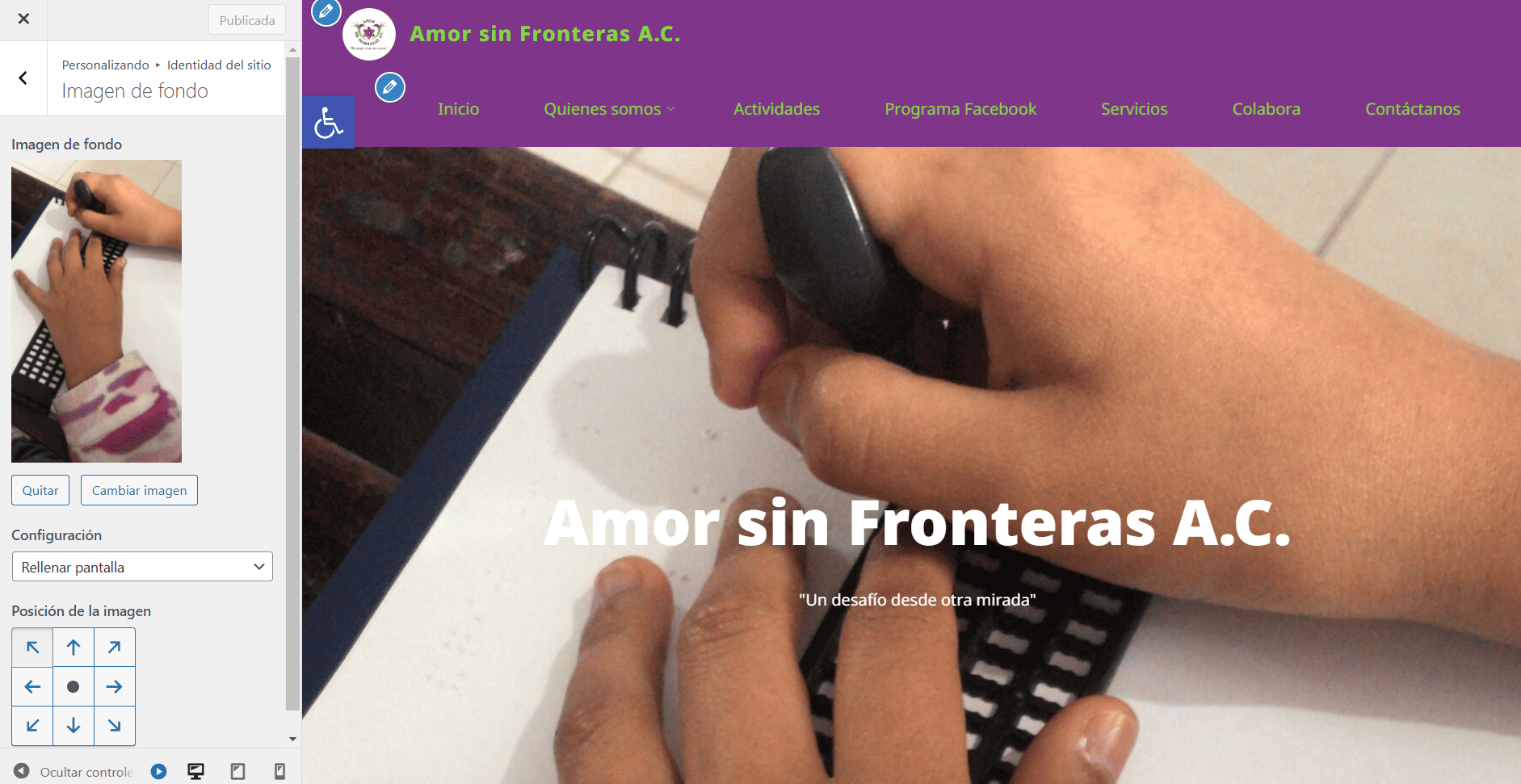 Captura de pantalla del área de administración de WordPress donde se muestra el apartado del personalizador para cambiar la imagen de fondo principal del sitio.