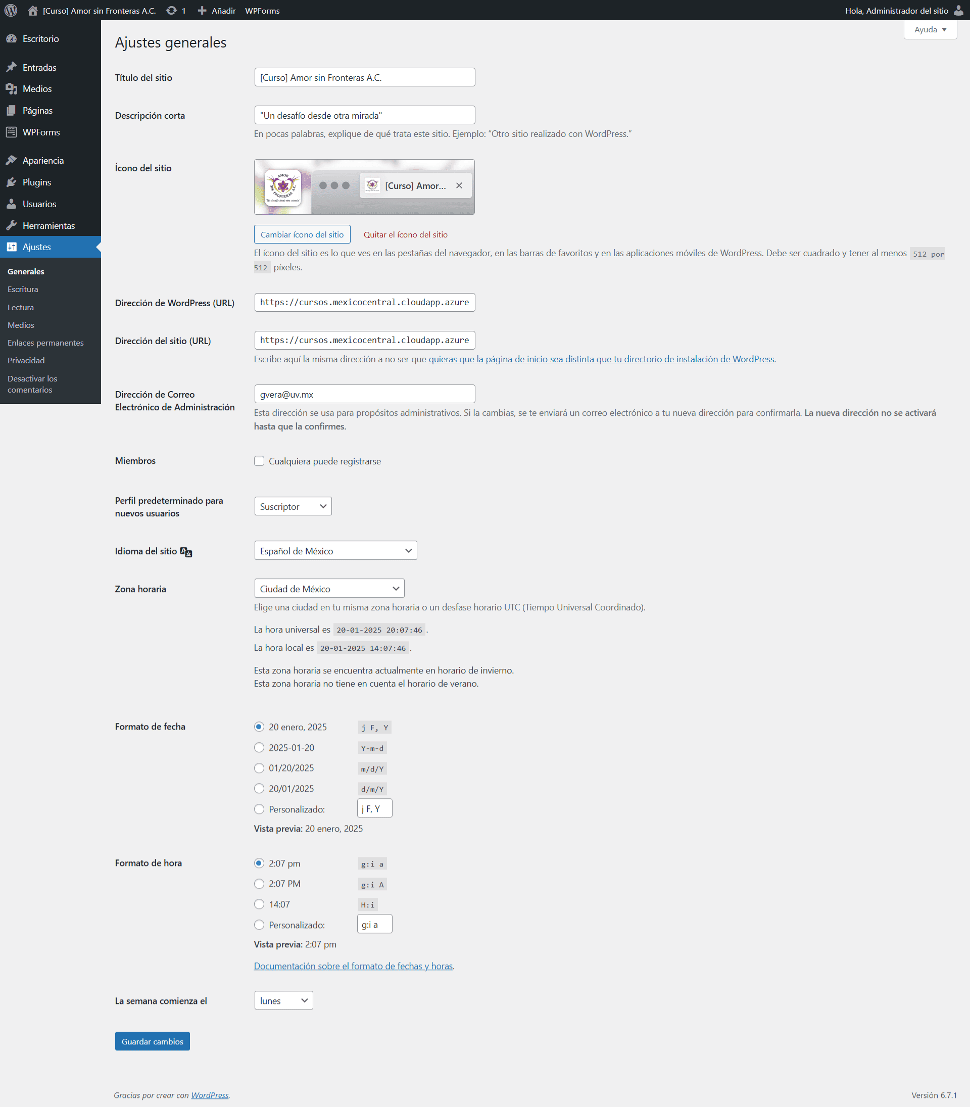 Captura de pantalla del área de administración de WordPress donde se muestra la página de ajustes generales.