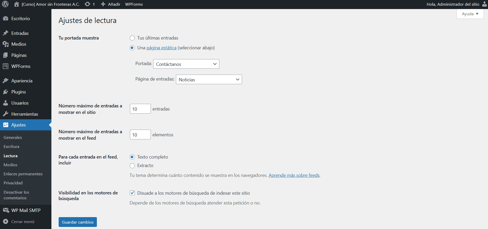 Captura de pantalla del área de administración de WordPress donde se muestra el apartado de ajustes de lectura para cambiar la página principal y la página de entradas.