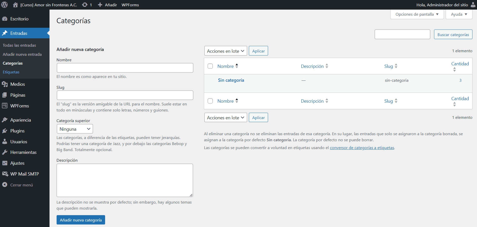 Captura de pantalla del área de administración de WordPress donde se muestra el apartado de crear y editar las categorias del sitio.