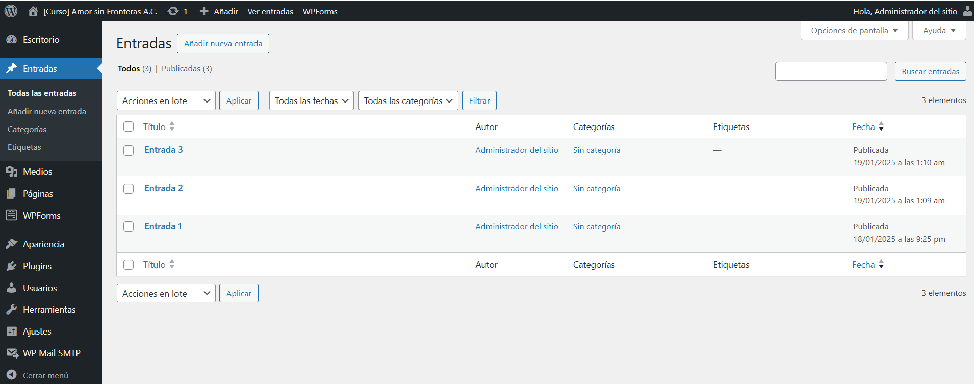 Captura de pantalla del área de administración de WordPress donde se muestra el apartado de lista de entradas del sitio.
