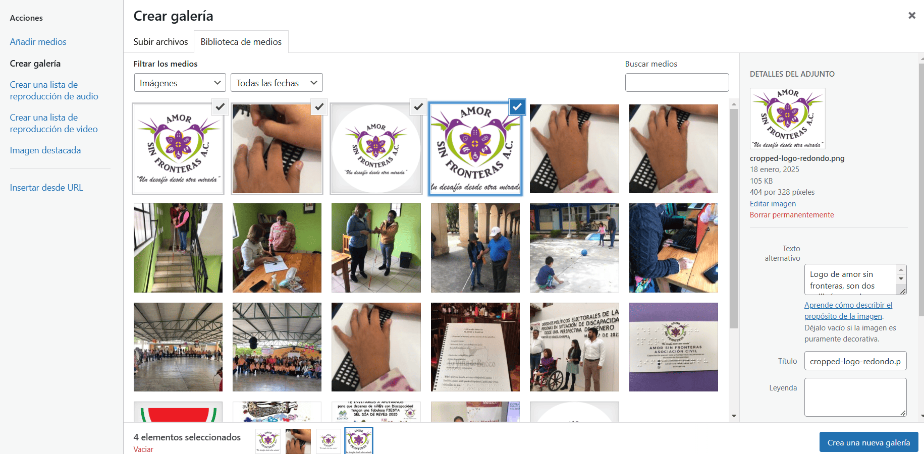 Captura de pantalla del área de administración de WordPress donde se muestra el apartado para crear una nueva galería dentro del editor tinyMCE.