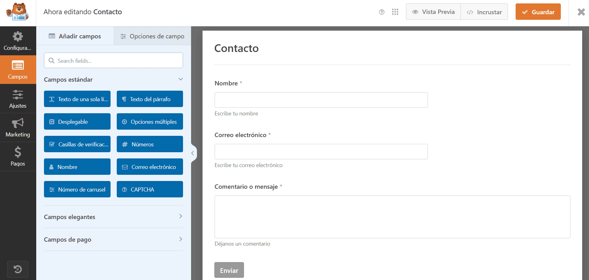 Captura de pantalla del área de administración de WordPress donde se muestra el apartado WpForms, especificamente la sección de edición del formulario de contacto del sitio.