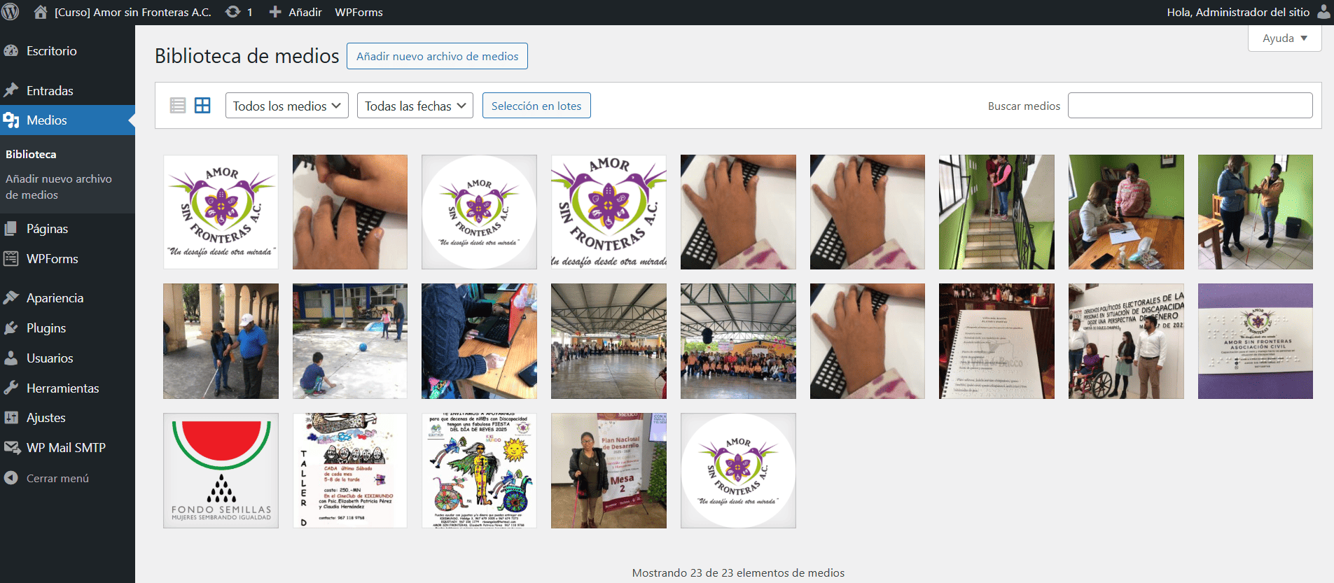 Captura de pantalla del área de administración de WordPress donde se muestra el apartado de gestión de medios con la lista de miniaturas de las imágenes publicadas en el sitio.