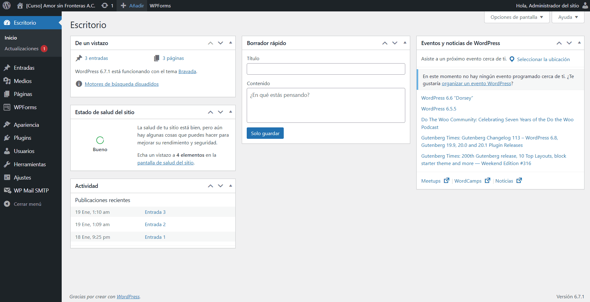 Captura de pantalla del área de administración de WordPress donde se muestra la barra superior, la barra lateral izquierda y el área de contenido.