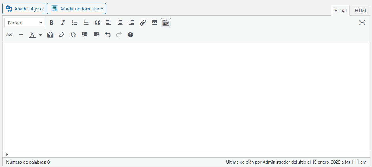 Captura de pantalla del editor de texto TinyMCE.